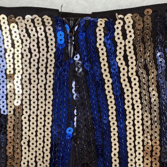 Lulu's Dazzle You Gold and Blue Striped Sequin Mini Skirt Back Zip Size Small - Picture 4 of 11